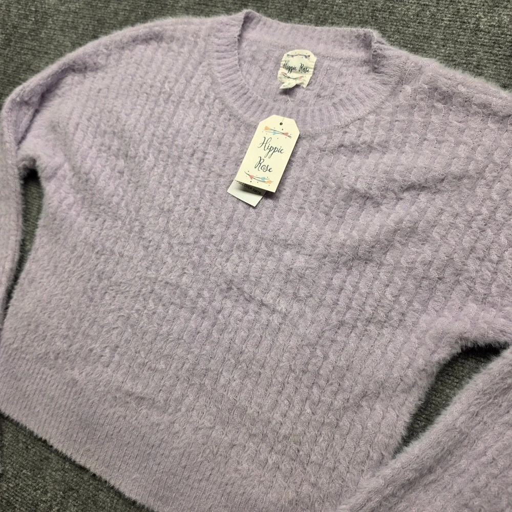Hippie Rose Womens Medium Lavender Haze Eyelash Knit Cropped Sweater